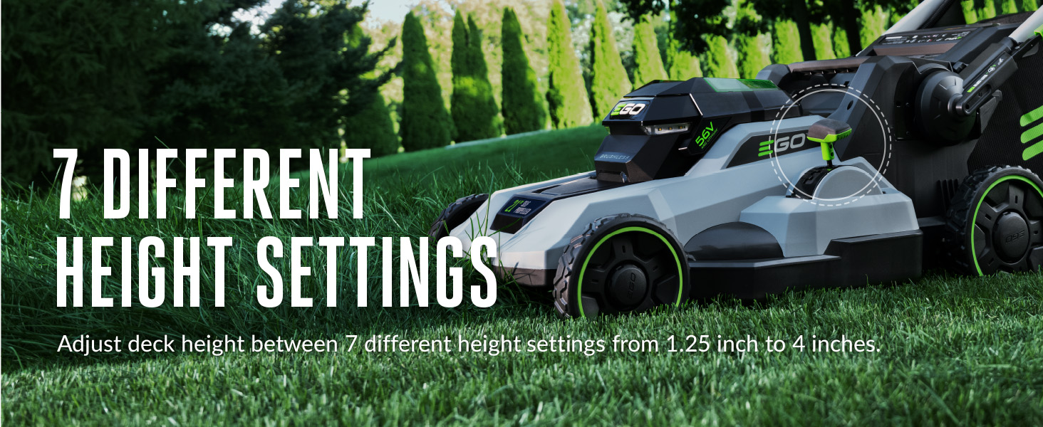 mower with LED lights on cutting tall grass on one of the 7 height settings