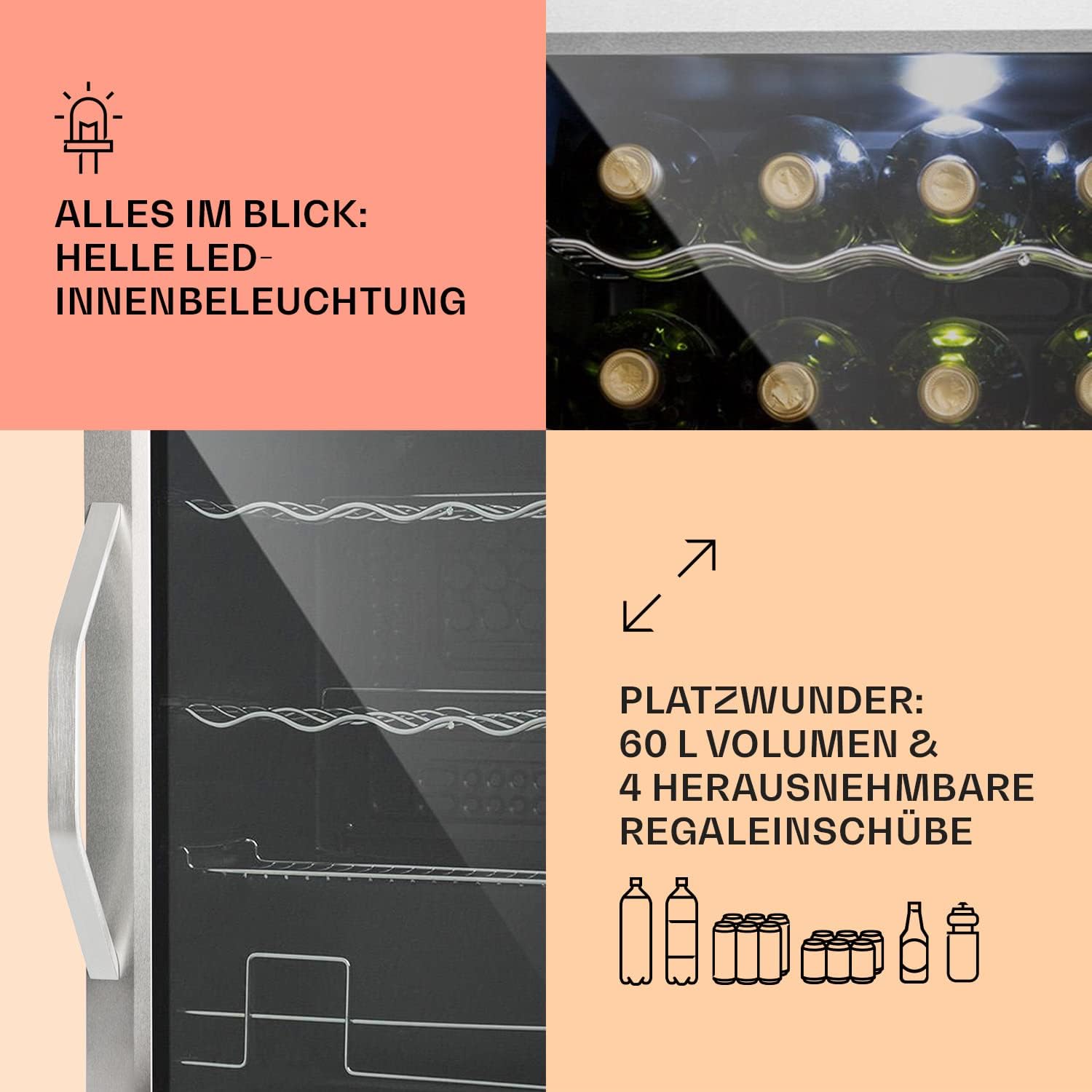 Klarstein Mini Koelkast met Glazen Deur voor Kamer, Drankenkoelkast met Verstelbare Planken, Klein 80 Liter, Indoor/Outdoor Koelkast Stil