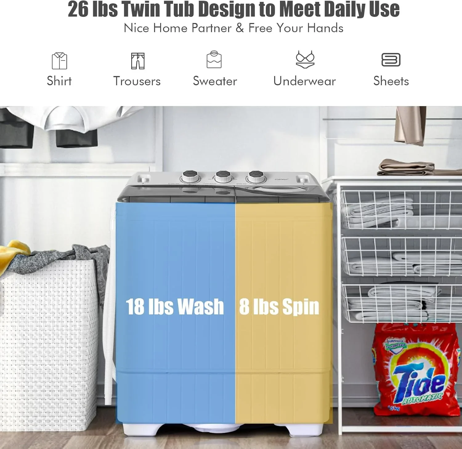 COSTWAY Double Tub 26 lb Capacity Laundry 18 lb 8 lb Spin Combo Drain Pump Washing Machine