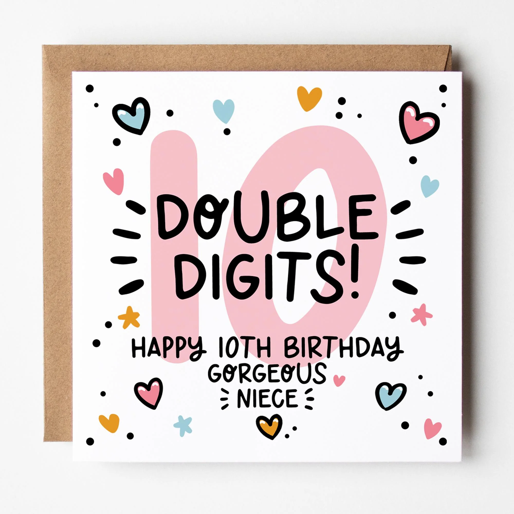 10th Birthday Card for Niece: Pink 10, Double Digits with Hearts and Kraft Envelope