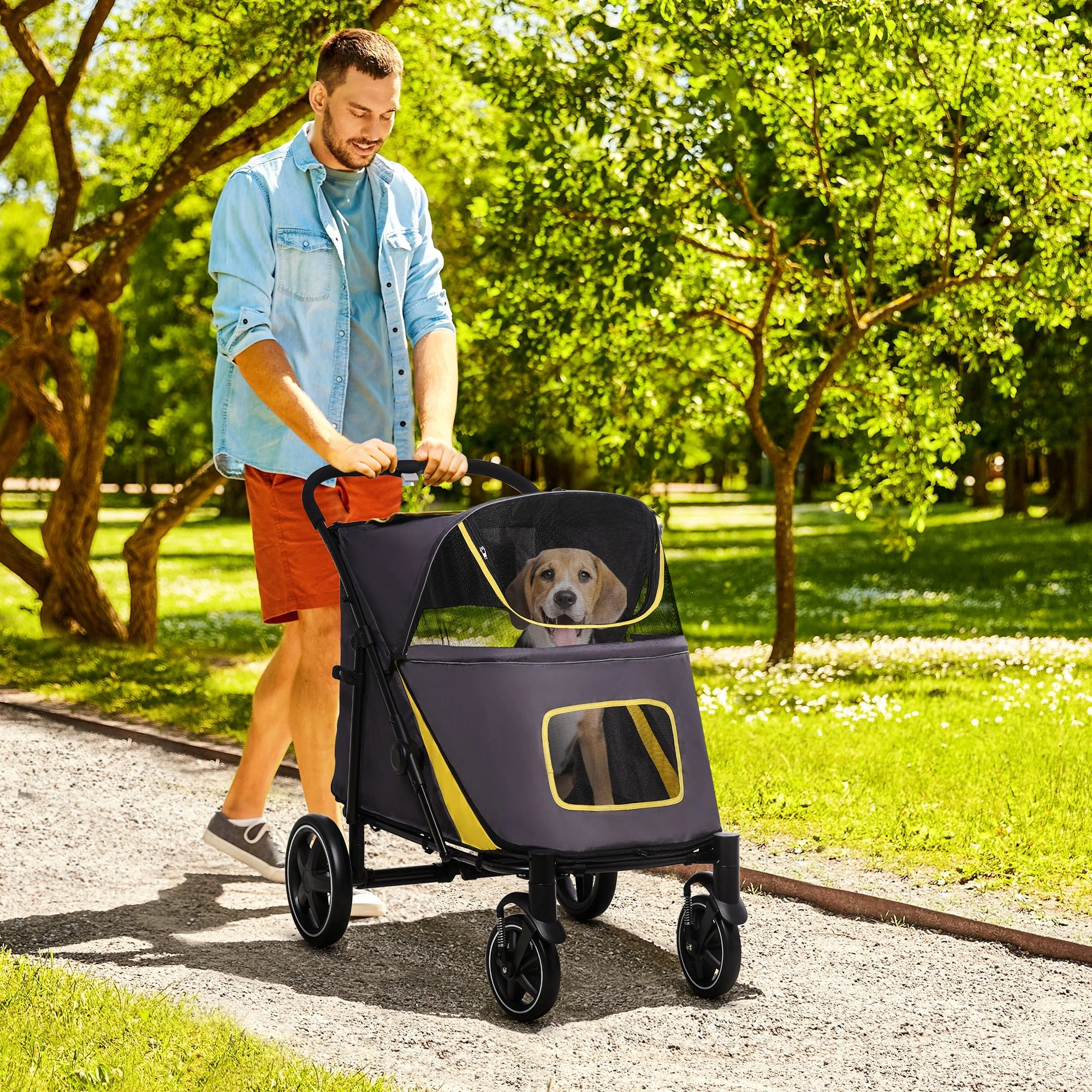 Easycomfort Passeggino Pieghevole per Cani di Taglia Media con Ingressi a Cerniera e Finestre a Rete, 112x65x100 cm