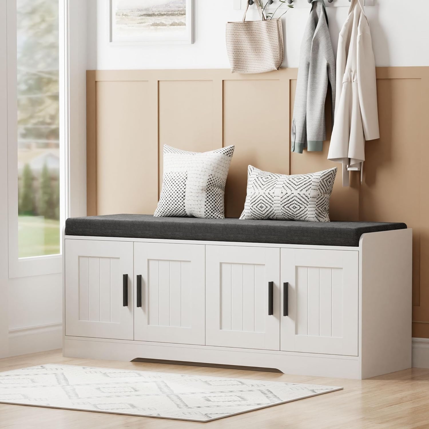 Homleke 2-Tier Storage Bench, Shoe Bench with Thickened Padded Seat Cushion, Entryway Bench with 4 Doors, Adjustable Shelf, 13.8
