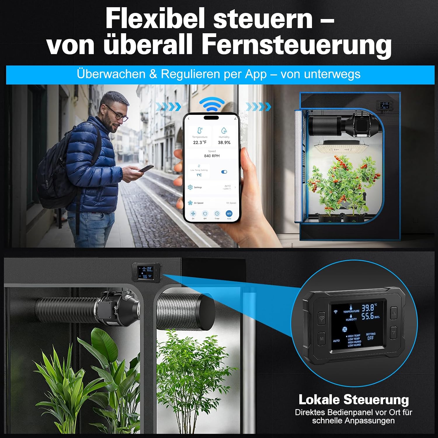 100mm Rohrventilator WiFi APP mit Inverter-EC-Motor, 360 m³/h Inliner Abluftventilator mit Intelligenter Temperatur- und Feuchtigkeitsregler, 3m Kabel Inline Rohrlüfter für Growzelte Gewächshäuser