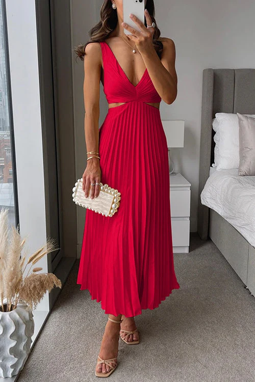Women��s Pleated Maxi Dress Elegant V-Neck Sleeveless Style