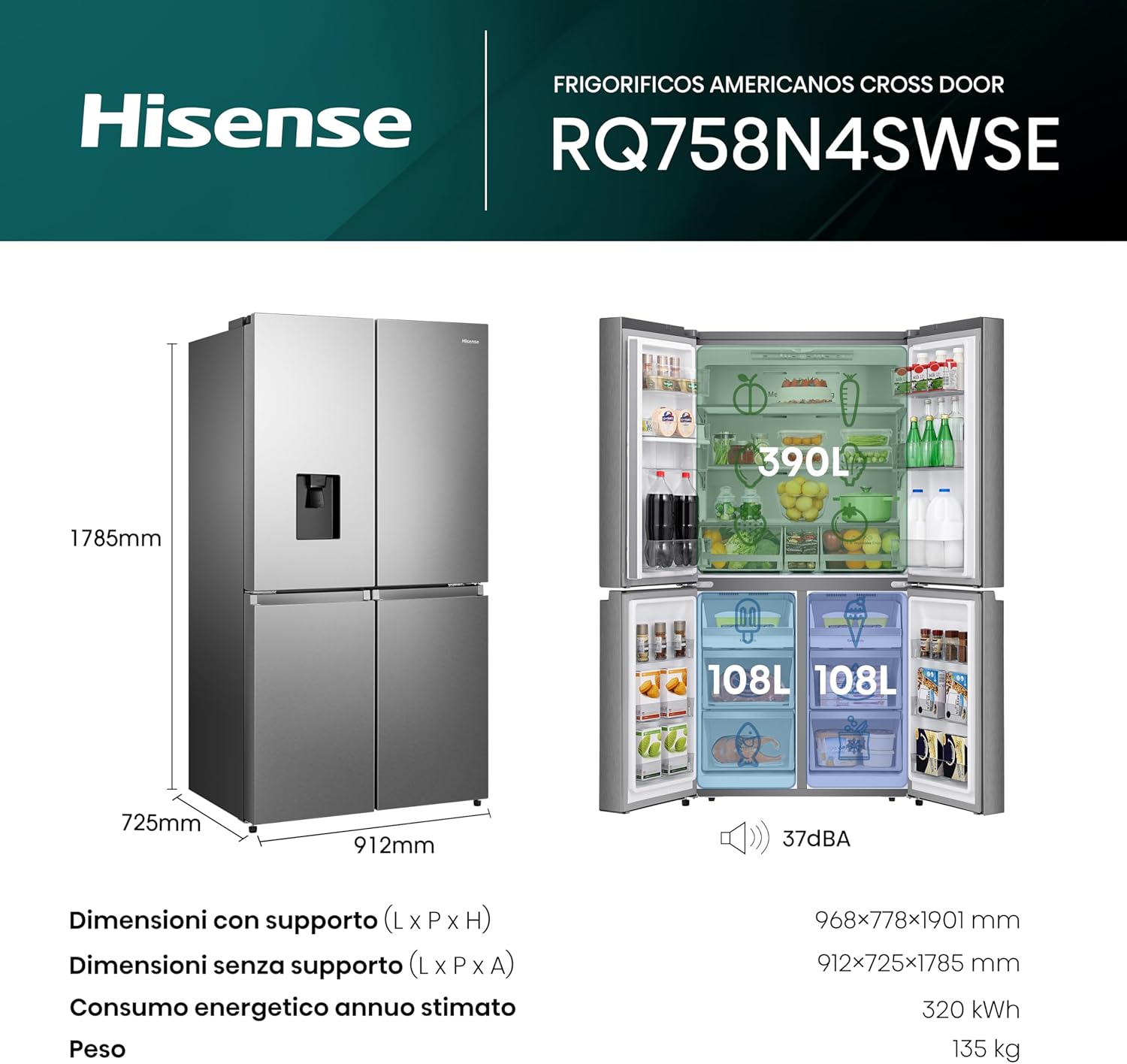 Hisense RQ758N4SWSE Frigorifero Quattro Porte Americano, Grande capacità 606 litri, Finitura Inox, Total No Frost, Classe E, Motore Inverter, Metal Cooling, Convert Zone, WiFi