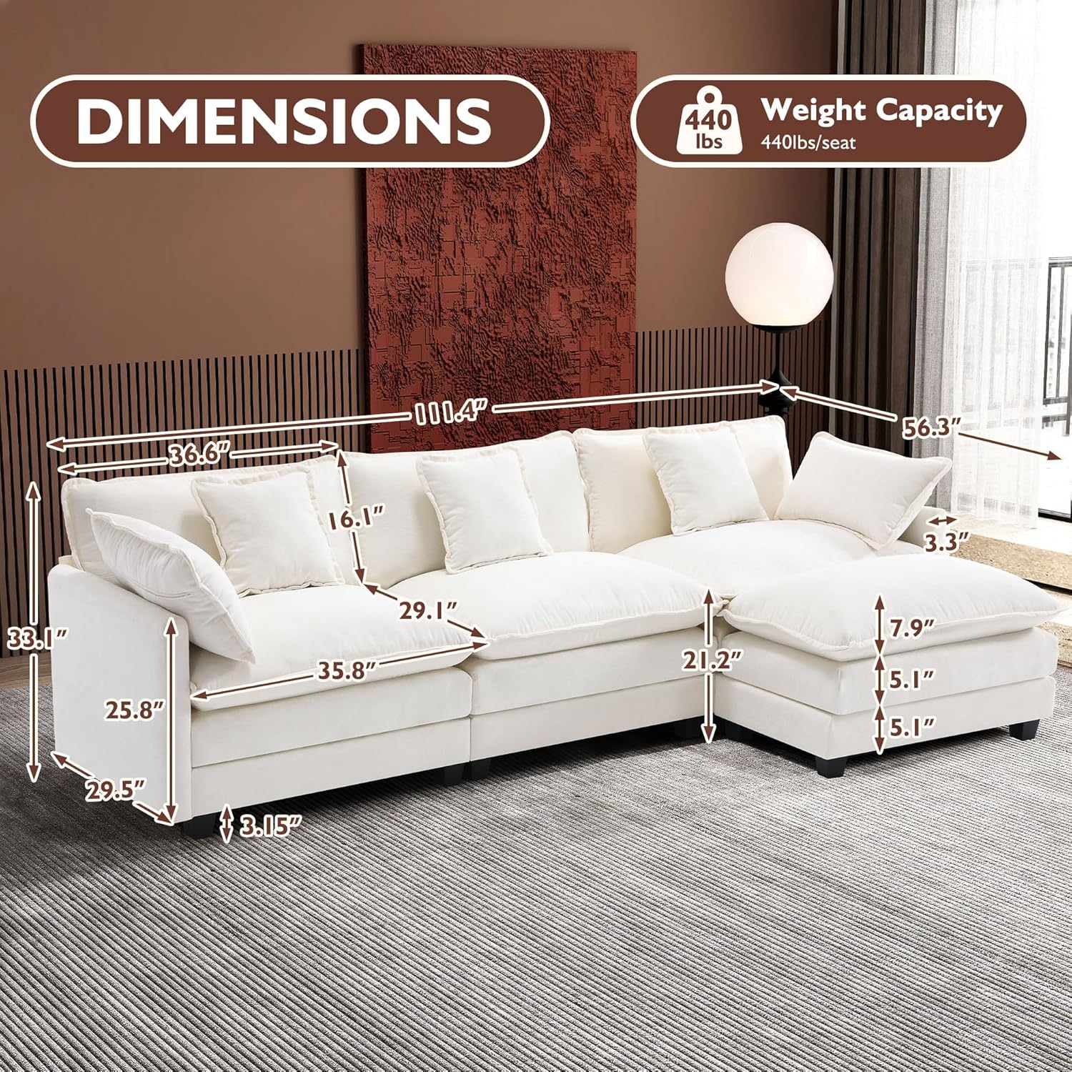 111.4 Inch L-Shaped Modern Sofa Modular Cloud Sofa Ottoman 4-Seater Chenille Deep Seat Sofa