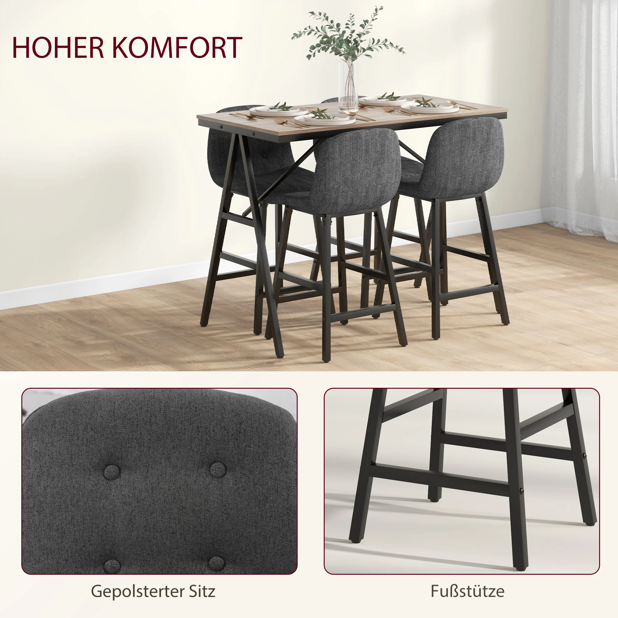 HOMCOM 5-delige Bargarnituur, Tafel en 4 Stoelen, Knoopafwerking, Dikke Bekleding, Linnenlook, Donkergrijs