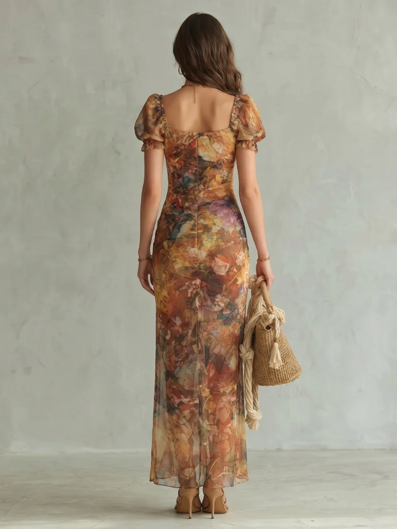 Women��s Midi Dress Lightweight Ruffled Sleeves and Ruched Bodice