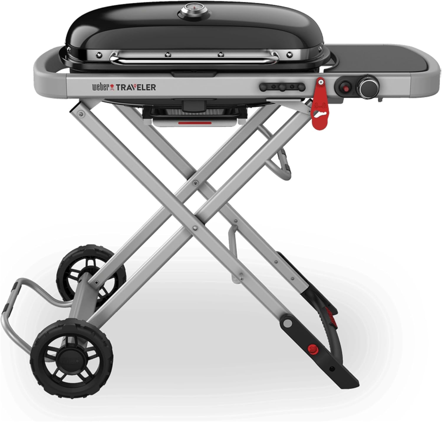 Weber Traveler barbecue a gas/design pieghevole e portatile con ruote, blocco automatico coperchio e termometro integrato, 1 bruciatore, larghezza 111 cm, superficie di cottura 2065 cm², nero