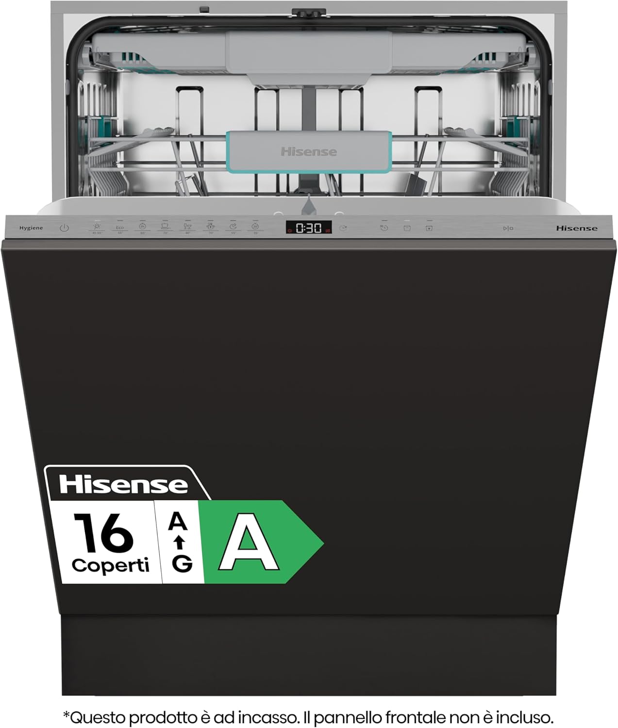 Hisense HV16A - Lavastoviglie, 16 coperti, 3 cesto, 8 programmi, motore inverter, partenza ritardata, total dry, Intensive Clean Zone, touch, incasso