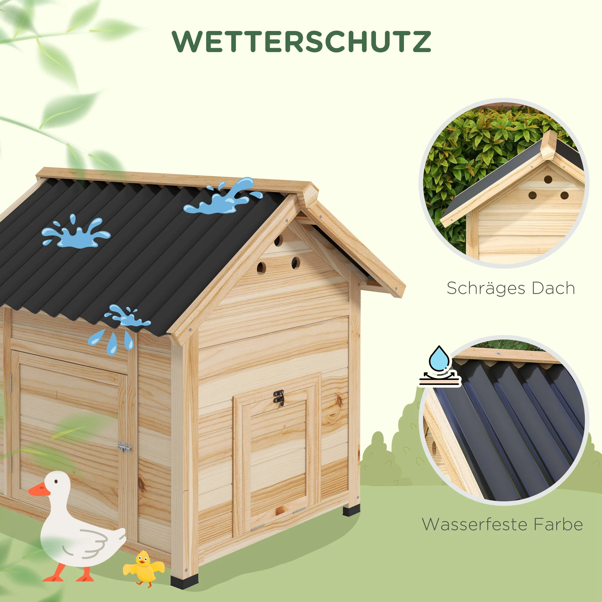 PawHut Entenhaus Eendenhok Kleindierenhok, weerbestendig, 2 ingangen, 2 hellingen, 78 x 90 x 92 cm, 'Natuur + Zwart'