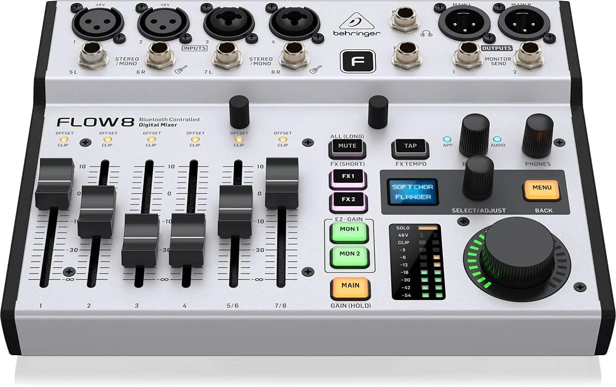 Behringer FLOW 8 8-Input Digital Mixer with Bluetooth Audio and App Control, 60mm Channel Faders, 2 FX Processors and USB/Audio Interface