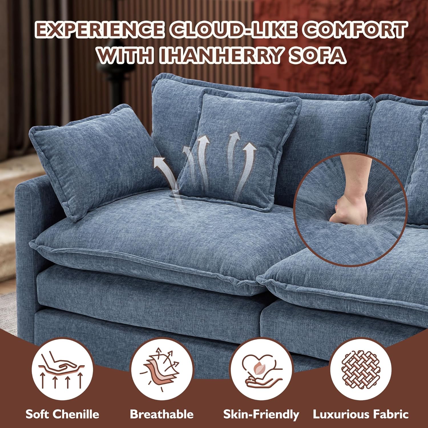 111.4 Inch L-Shaped Modern Sofa Modular Cloud Sofa Ottoman 4-Seater Chenille Deep Seat Sofa