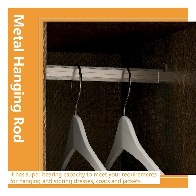 Closet Cabinet Wardrobe Armoire with Drawers, Hanging Rod Brown