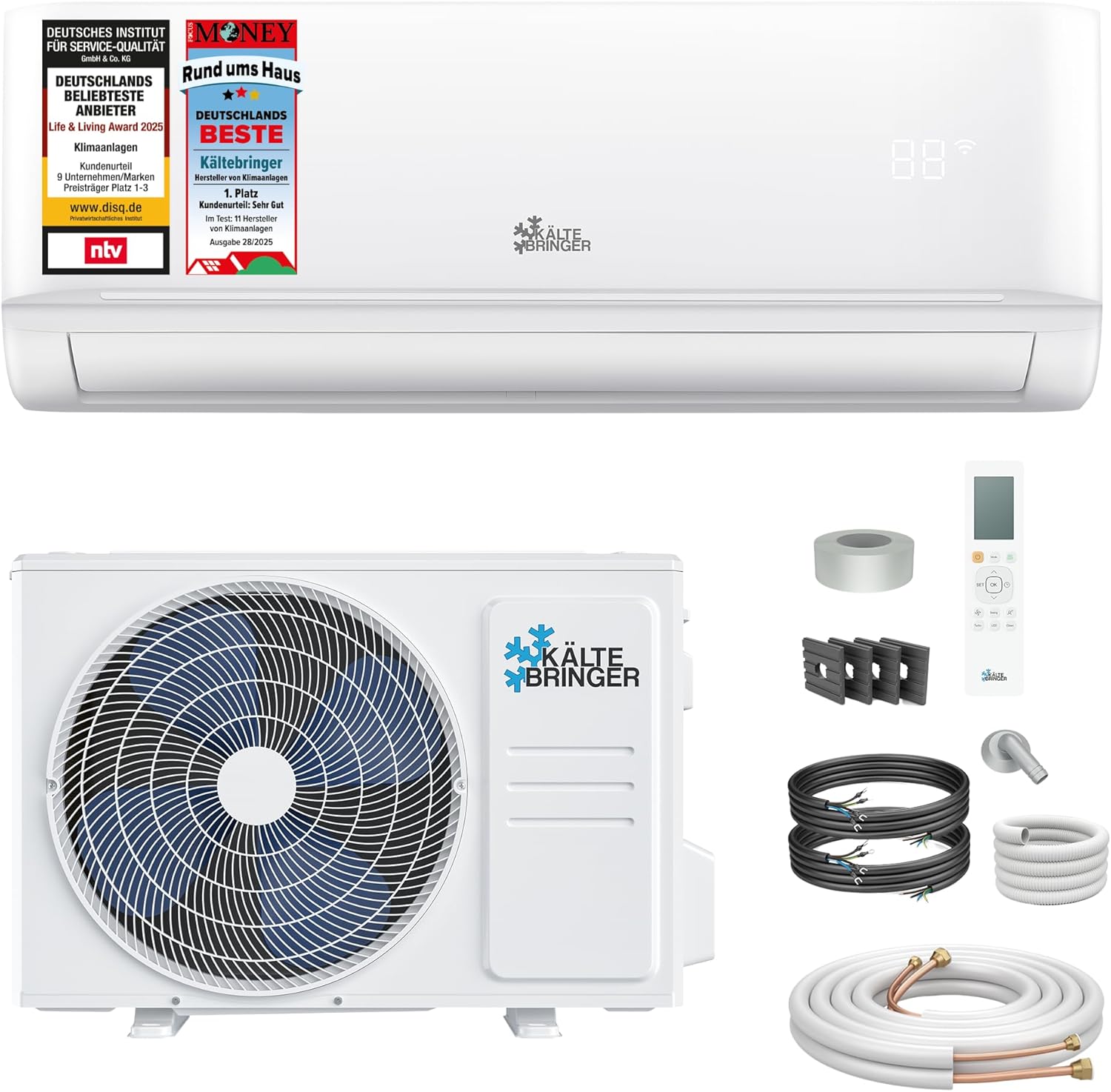 Kältebringer Split Klimaanlage - 9000 BTU (2,6 kW) - Klimagerät mit Heizfunktion, WiFi & App, bis 45qm, sehr leise - Set mit 5m Kupferleitung, Kältemittel R32, Montagematerial