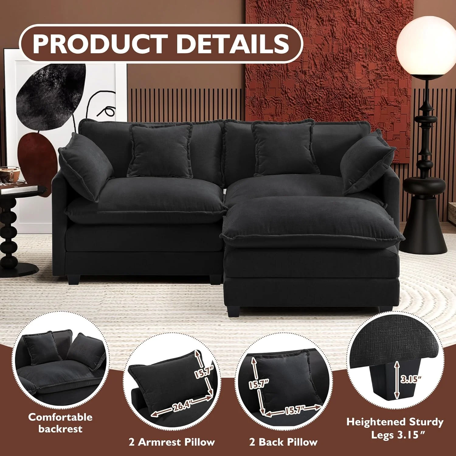111.4 Inch L-Shaped Modern Sofa Modular Cloud Sofa Ottoman 4-Seater Chenille Deep Seat Sofa