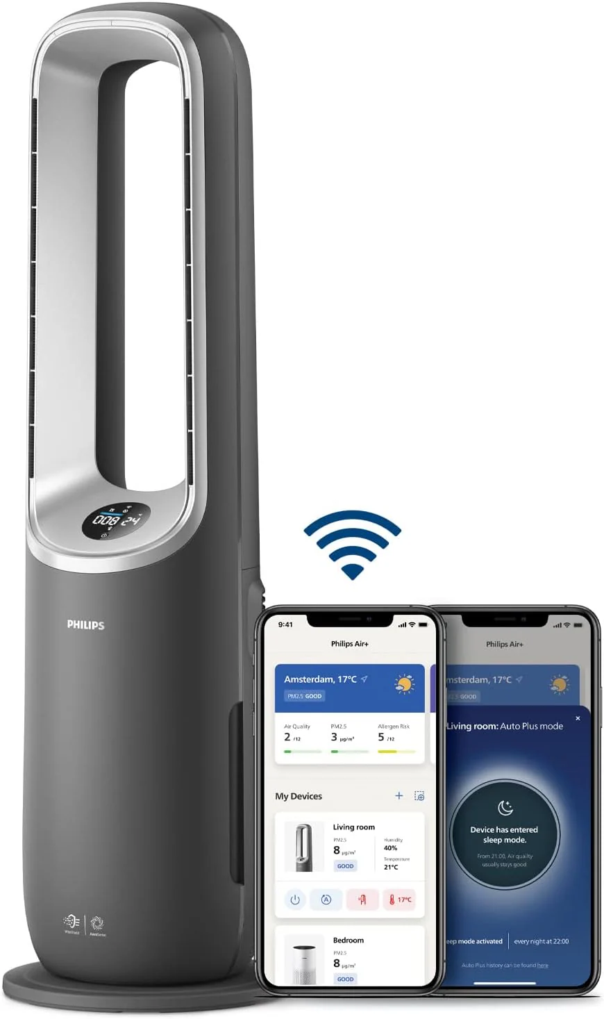 Philips Air Performer 3 az 1-ben légtisztító, hűtő- és fűtőventilátor – 70 m²-t tisztít, az allergének és szennyezőanyagok 99,97%-át eltávolítja. HEPA szűrő, intelligens érzékelők, Alexa, alkalmazás. (AMF870/15)