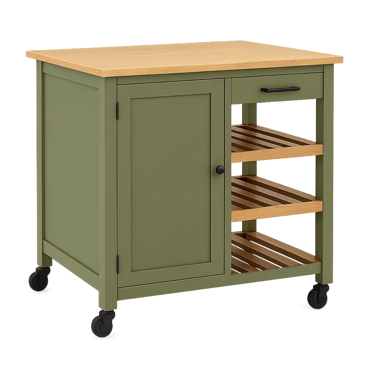 Kkken, rektangulr form, grn MDF-tr, med bordplade i lyst tr, med hjul, skuffe, bne hylder og skab, 90x45x89 cm, til privat brug - X88KKKYXm8II