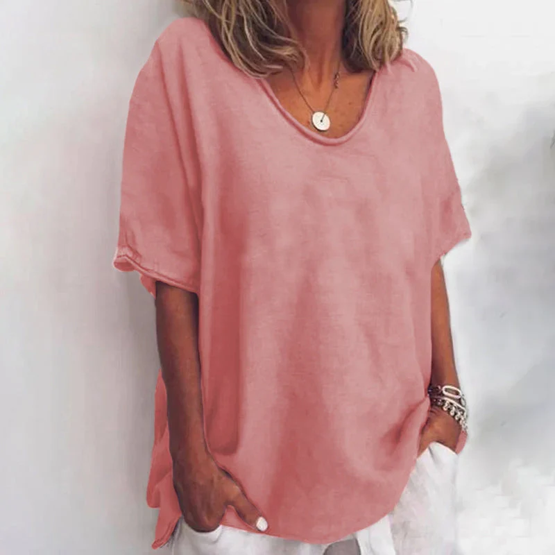 Women��s Loose V-Neck Blouse Short Sleeve in Soft Pink for Summer