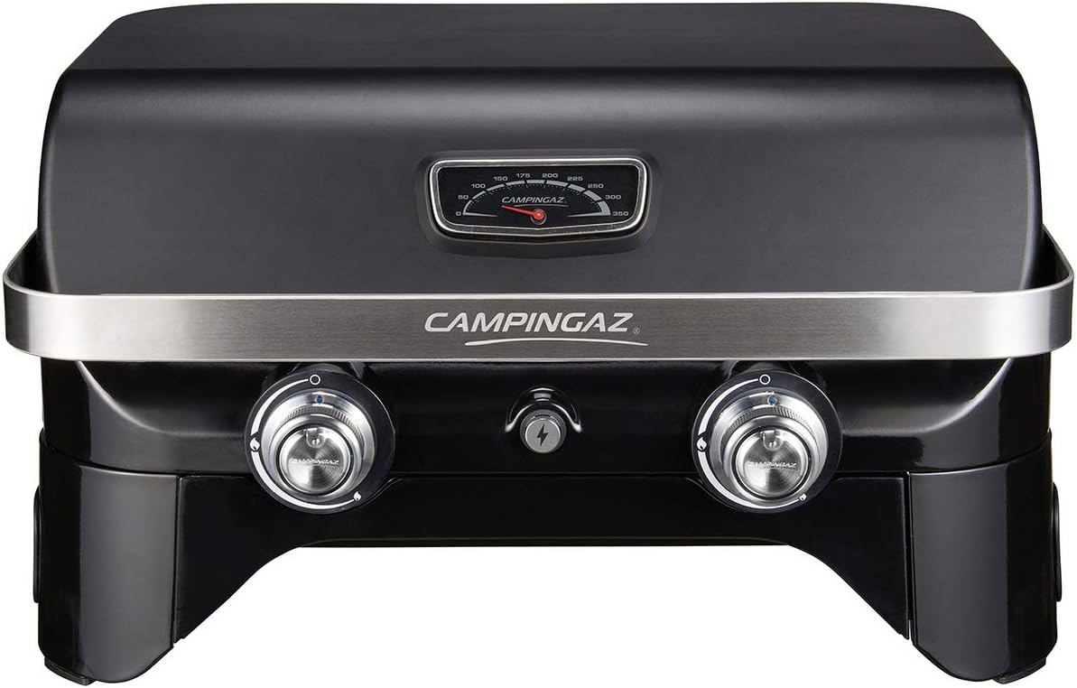 Campingaz Attitude 2100 LX griglia a gas, griglia da tavolo portatile, 2 bruciatori in acciaio, potenza di 5 kW, griglia a gas per campeggio con coperchio, termometro, griglia e plancha in ghisa