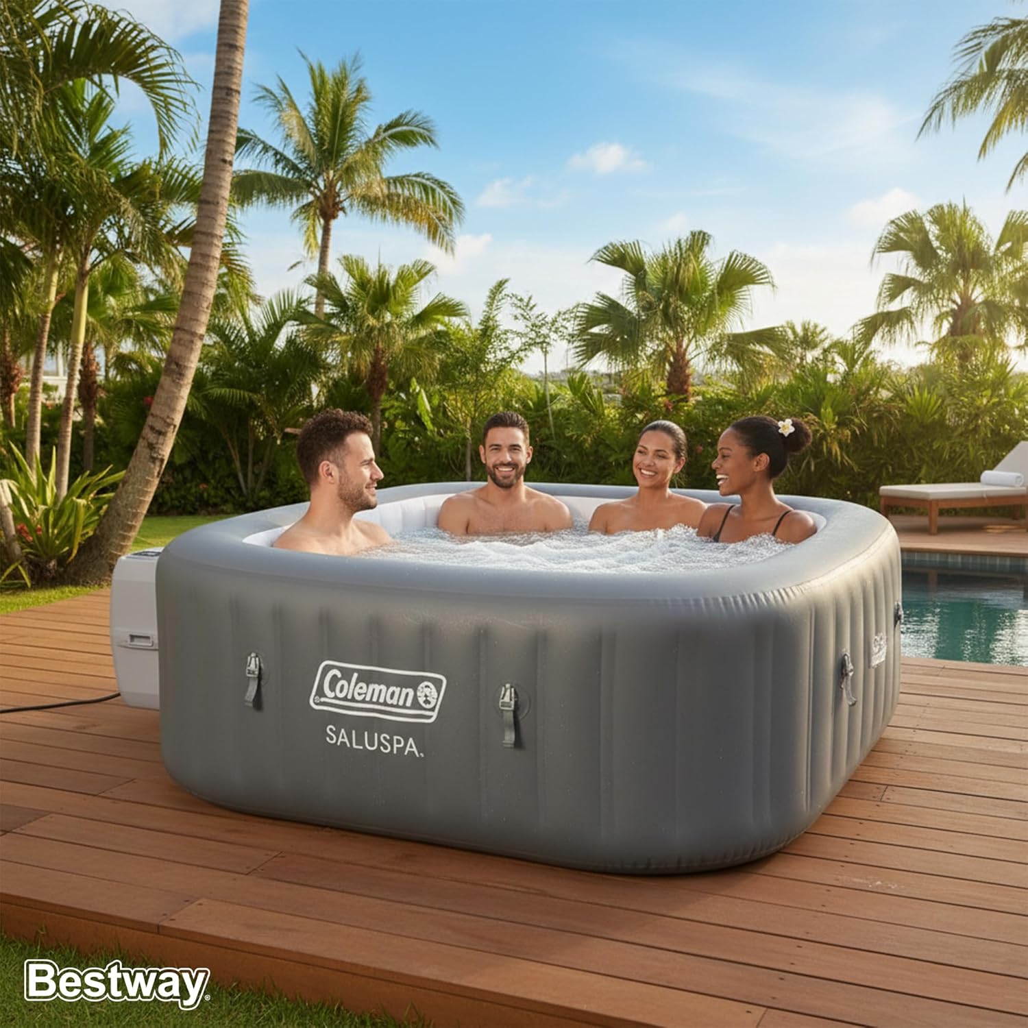 Coleman Hawaii 4 to 6 Person Inflatable Hot Tub  Square Energy-Efficient Portable Outdoor Spa with 140 AirJets  71