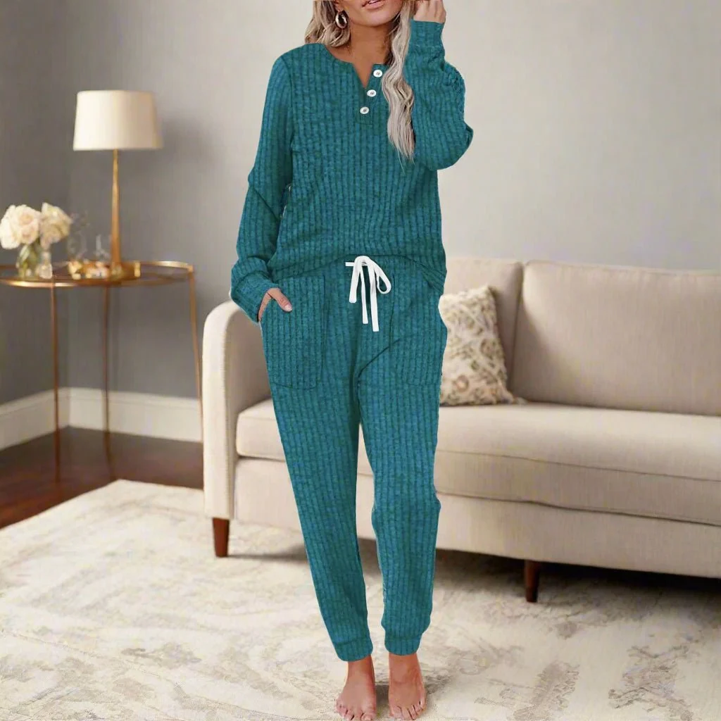 Women��s Ribbed Two-Piece Loungewear Set with Button-Neck Long Sleeve