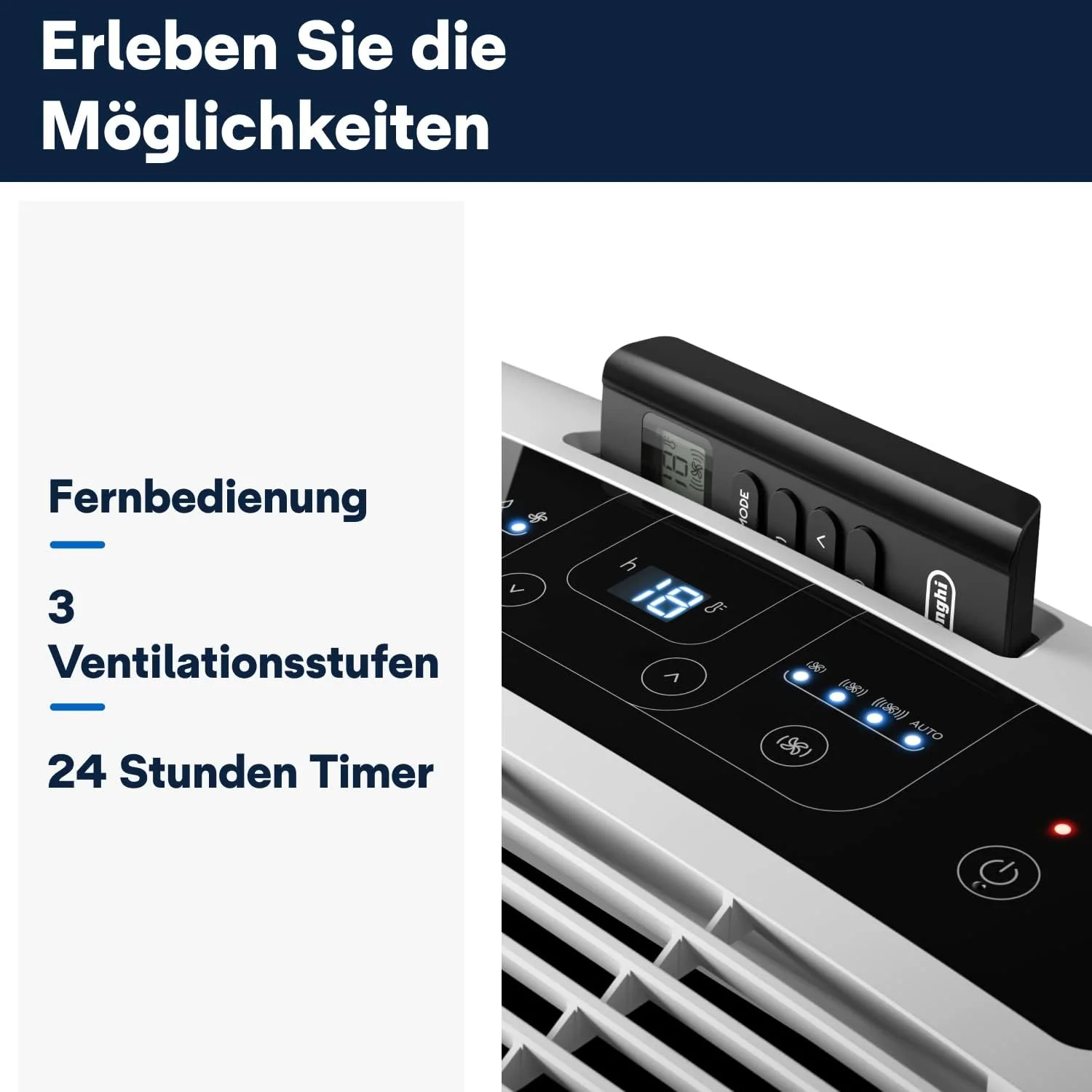 De'Longhi Pinguino PAC EM82, Condizionatore Portatile per ambienti fino a 80 m³, 9.400 BTU, 2,4 kW, 63 dB, Funzione Deumidificatore, Classe Energetica A, Timer 24h, Bianco