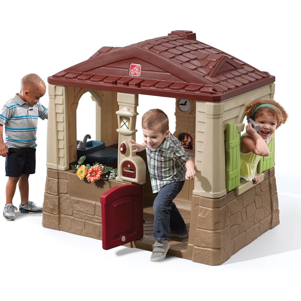 Step2 Neat & Tidy Cottage II Brown Playhouse for Kids �?Outdoor Plastic Toy House with Dutch Door & Kitchen