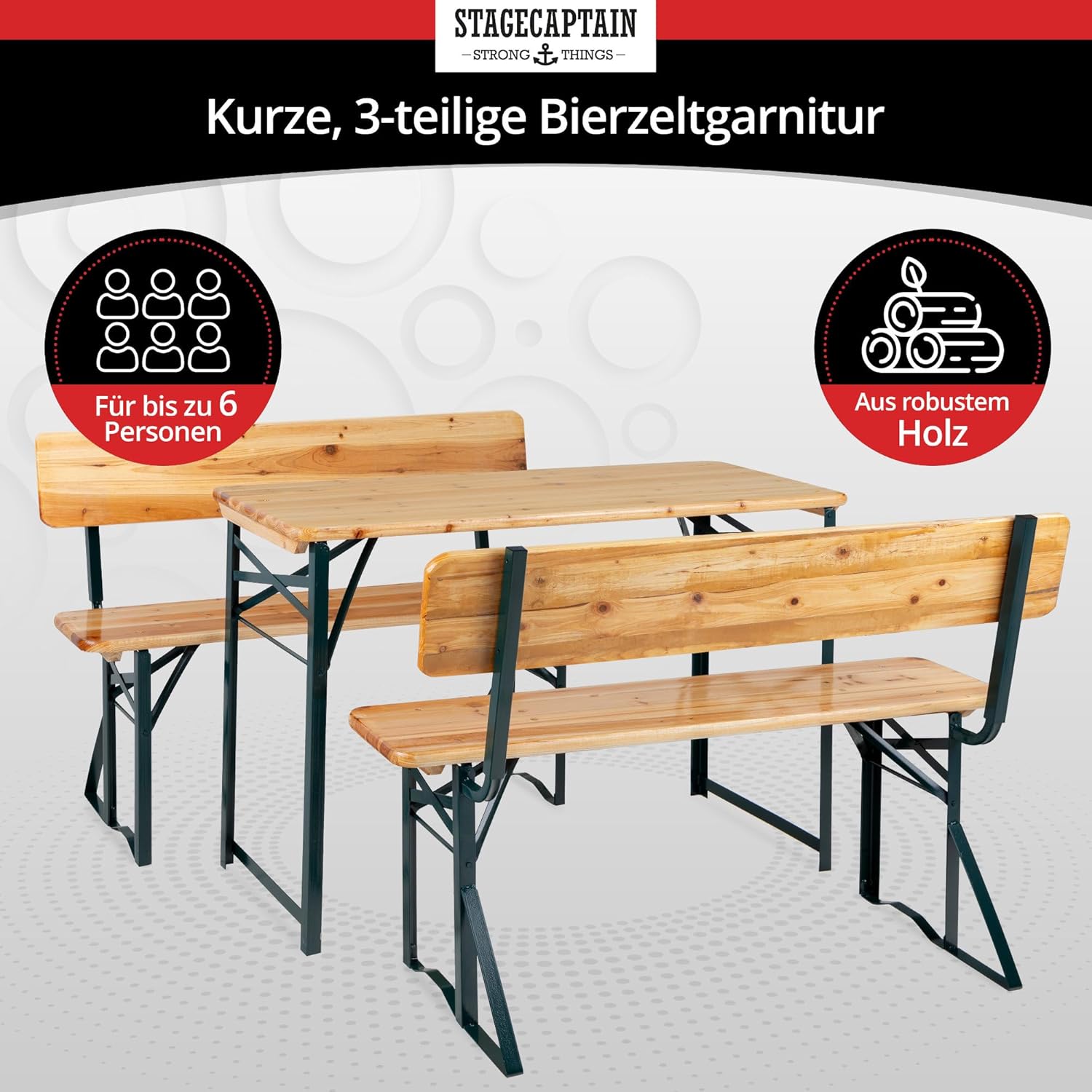 Stagecaptain BBDL-119 NT Hirschgarten Bierzeltgarnitur mit Lehne für Balkon - 119 cm Länge - Klappbare Festzeltgarnitur 1x Tisch, 2X Bank - Holz Sitzgarnitur - Innen & Außenbereich - Natur