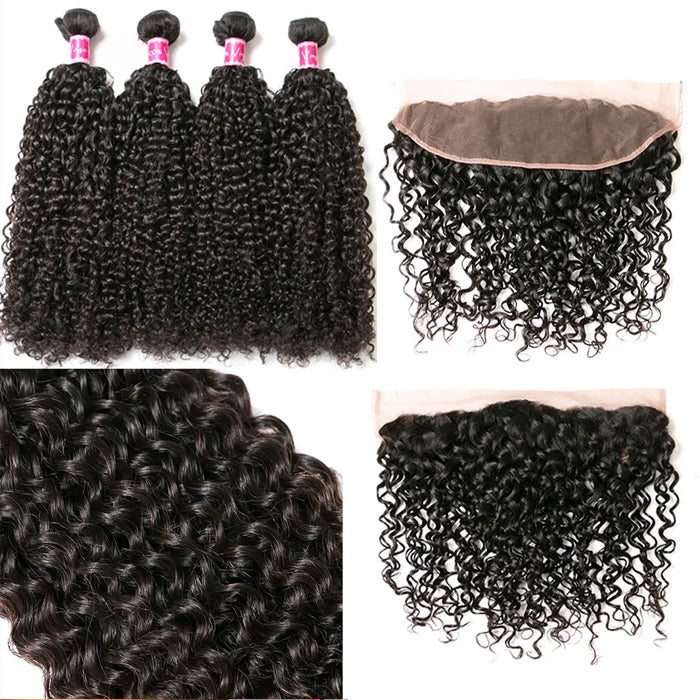Brazilian Kinky Curly Hair 4 Bundles With 13X4 Lace Frontal 100% Virgin Human Hair Weaves