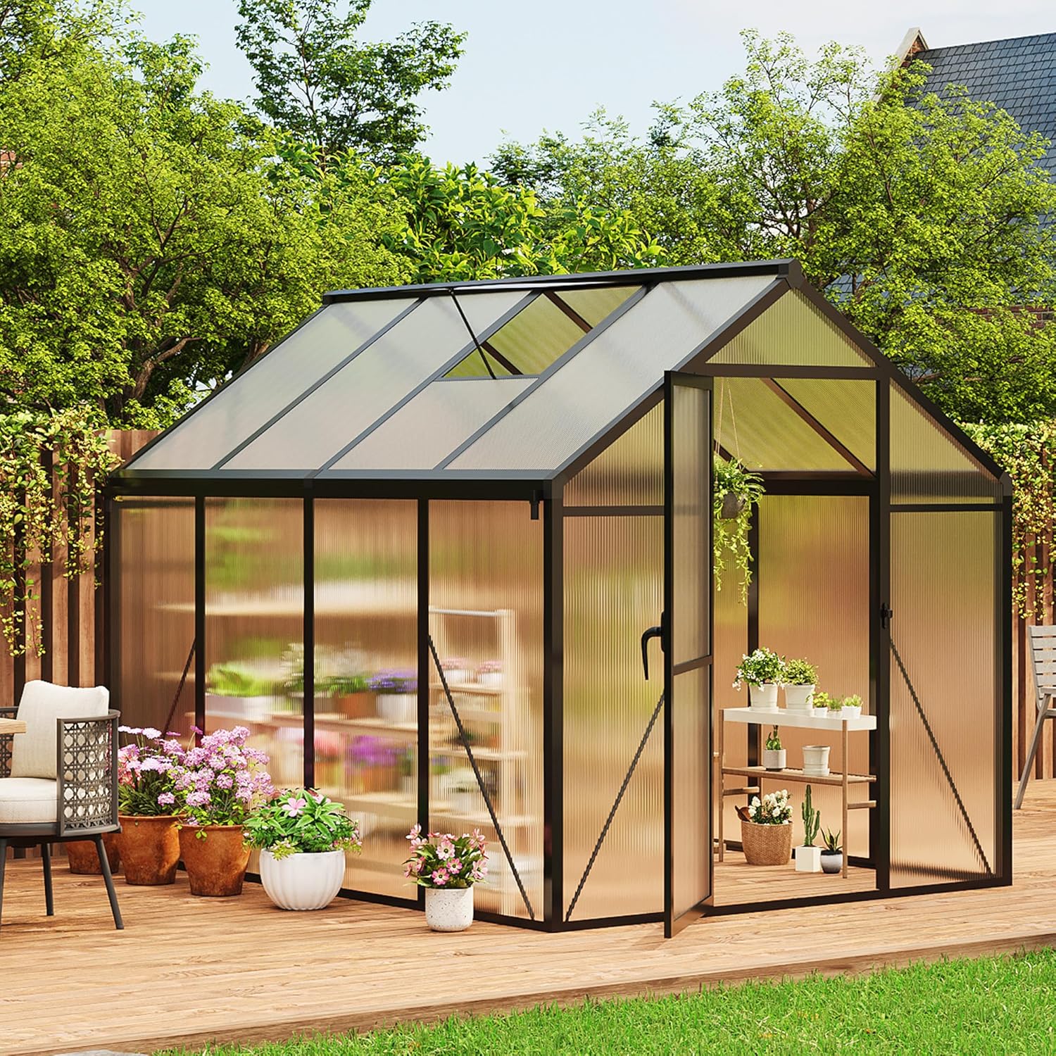6 x 8 ft Greenhouse  Greenhouses for Outside  Polycarbonate Greenhouse with Aluminum Frame  Lockable Door and Ajustable Roof Vent for Backyard  Green Houses for Outside Garden Backyard  Patio