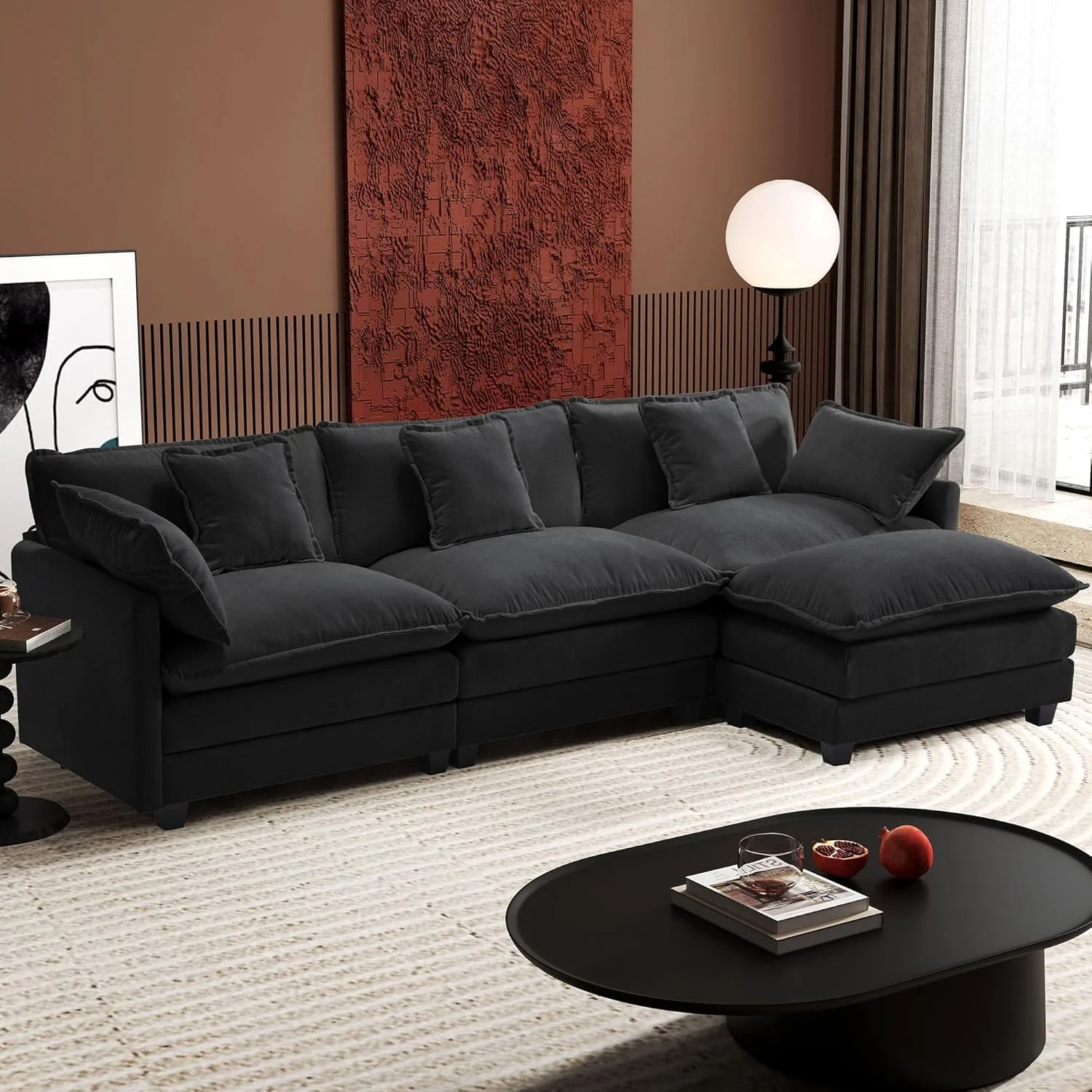 111.4 Inch L-Shaped Modern Sofa Modular Cloud Sofa Ottoman 4-Seater Chenille Deep Seat Sofa