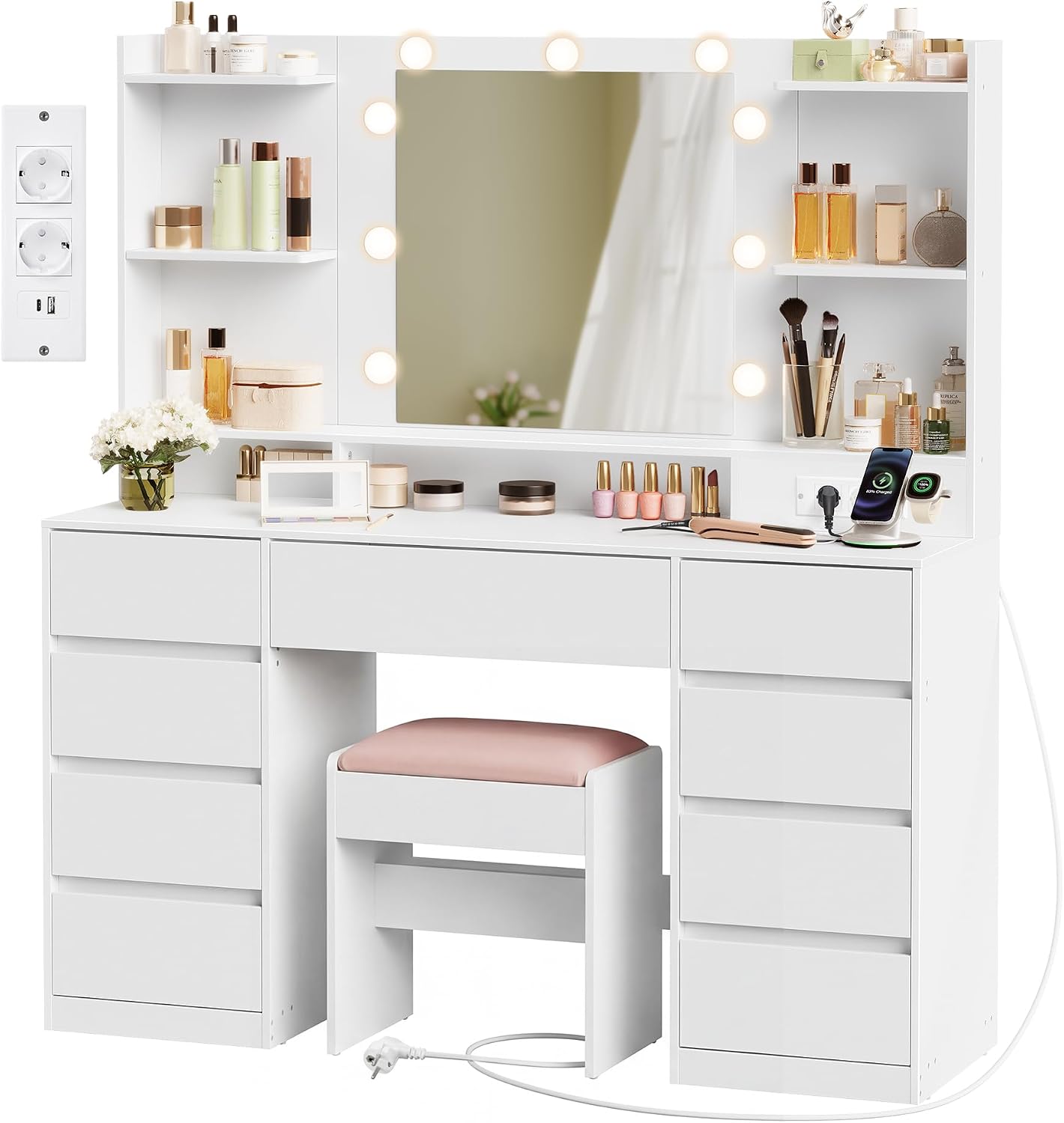VASAGLE Kailyn Kollektion - Schminktisch mit Spiegel und LED-Leuchten, Hocker, Steckdosenleiste, 9 Schubladen, 9 dimmbare Glühbirnen, 3 Lichtfarben, werkzeuglose Gleitschienen, wolkenweiß
