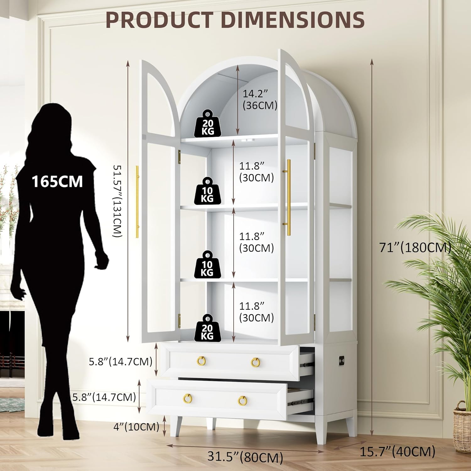 LVSOMT Gewölbte Glasvitrine mit LED Beleuchtung, 180cm Vitrinenschrank mit Glastüren, Bogen Vitrine mit 4 Display Regale und 2 Schubladen, 3 Farbe Licht, Vitrine Glas Holz Wohnzimmer Flur, Weiß