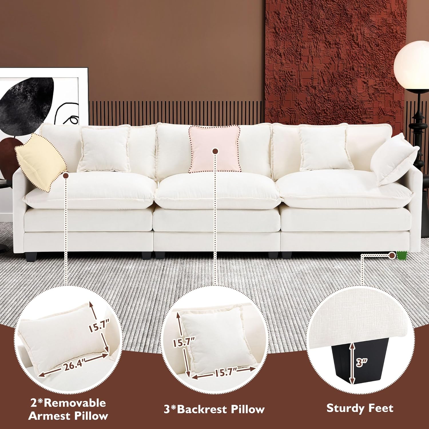 111.4 Inch L-Shaped Modern Sofa Modular Cloud Sofa Ottoman 4-Seater Chenille Deep Seat Sofa