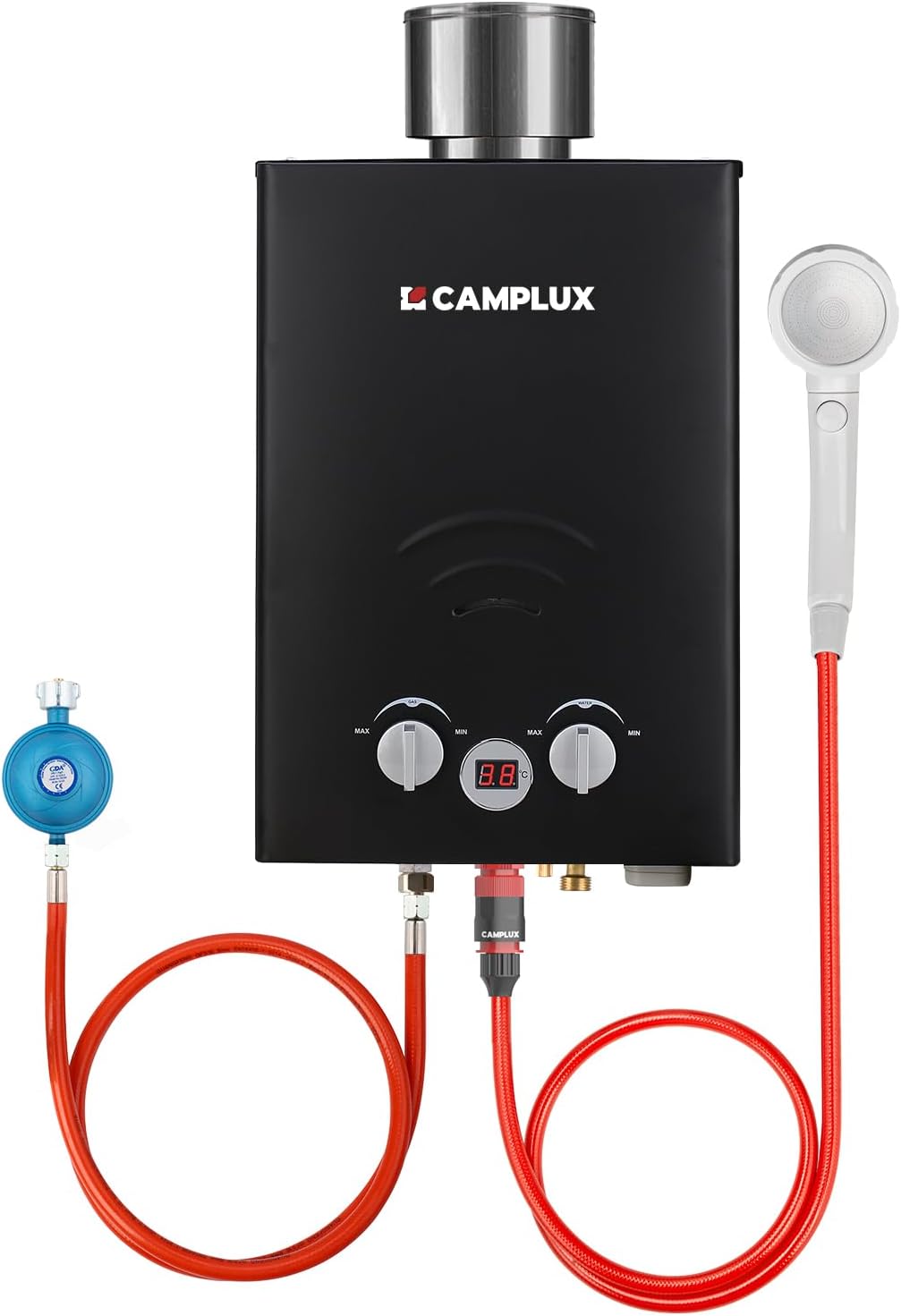 CAMPLUX BW158BC-DE Tankless Gasdurchlauferhitzer mit Regenhaube, Tragbar LPG Durchlauferhitzer, 6 Liter, 12kW, 50mbar, Campingdusche