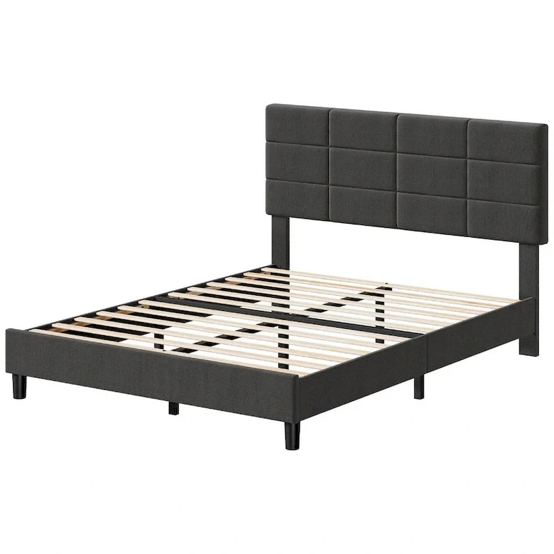 Linen Upholstered Bed Frame with Wooden Slats Support