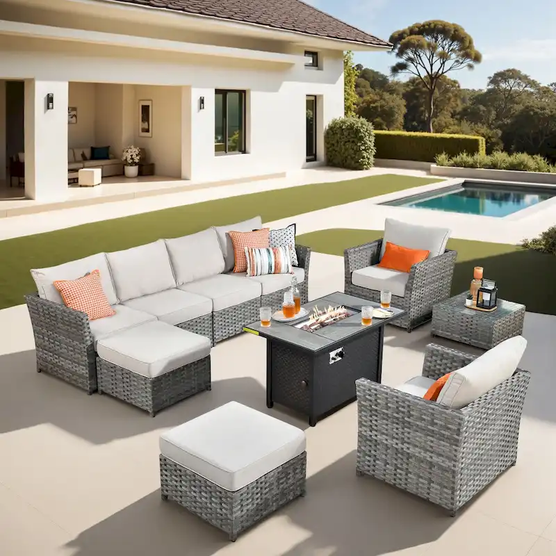XIZZI 10-piece Patio Furniture Outdoor Sectional Sofa Set with Fire Pit