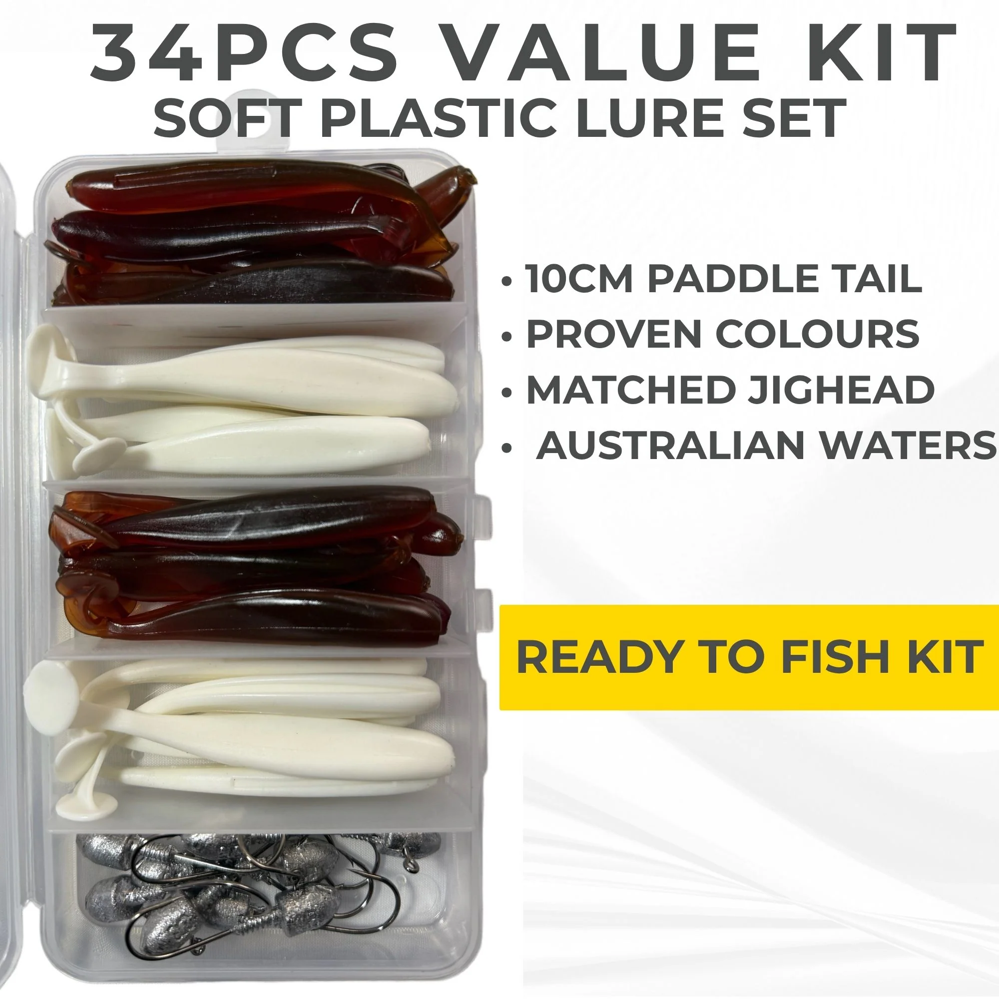 MASTERPRO 34PCS Soft Plastic Lure Kit �?Paddle Tail + Jighead �?Ready to Fish �?Australian Waters