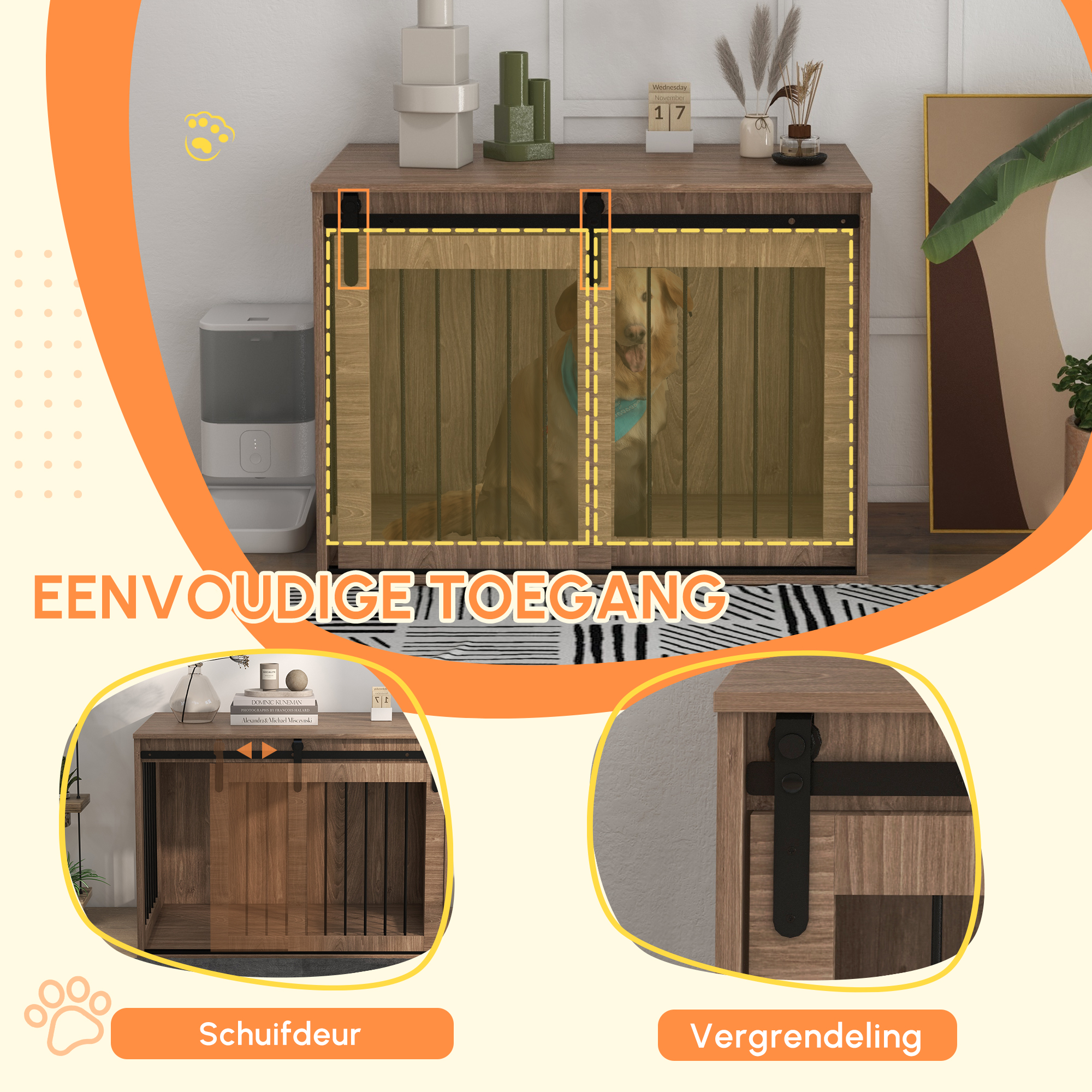 PawHut Hondenbench Hondenkooi, Afsluitbaar, Houtlook, Rustiek Ontwerp, 98 cm x 58 cm x 67 cm, Walnoot + Zwart