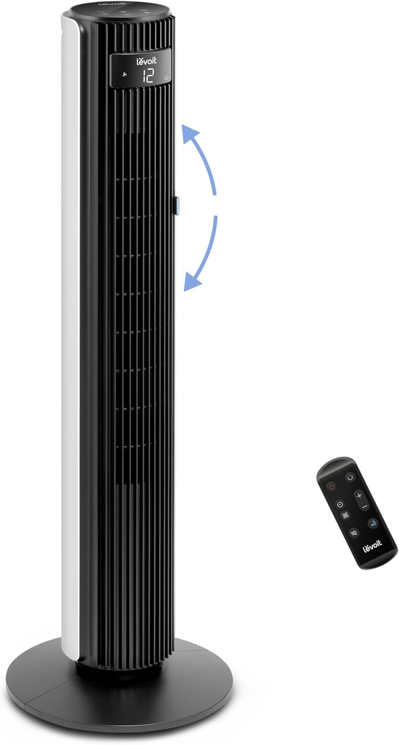Levoit 20dB Silent Tower Fan, 5.5W-26W Energy Saving Fan for Bedroom & Home, Powerful Cooling with DC Motor, 4 Modes 12 Speeds, Advanced Sleep Mode, 90° Oscillation, Remote Control, White&Black