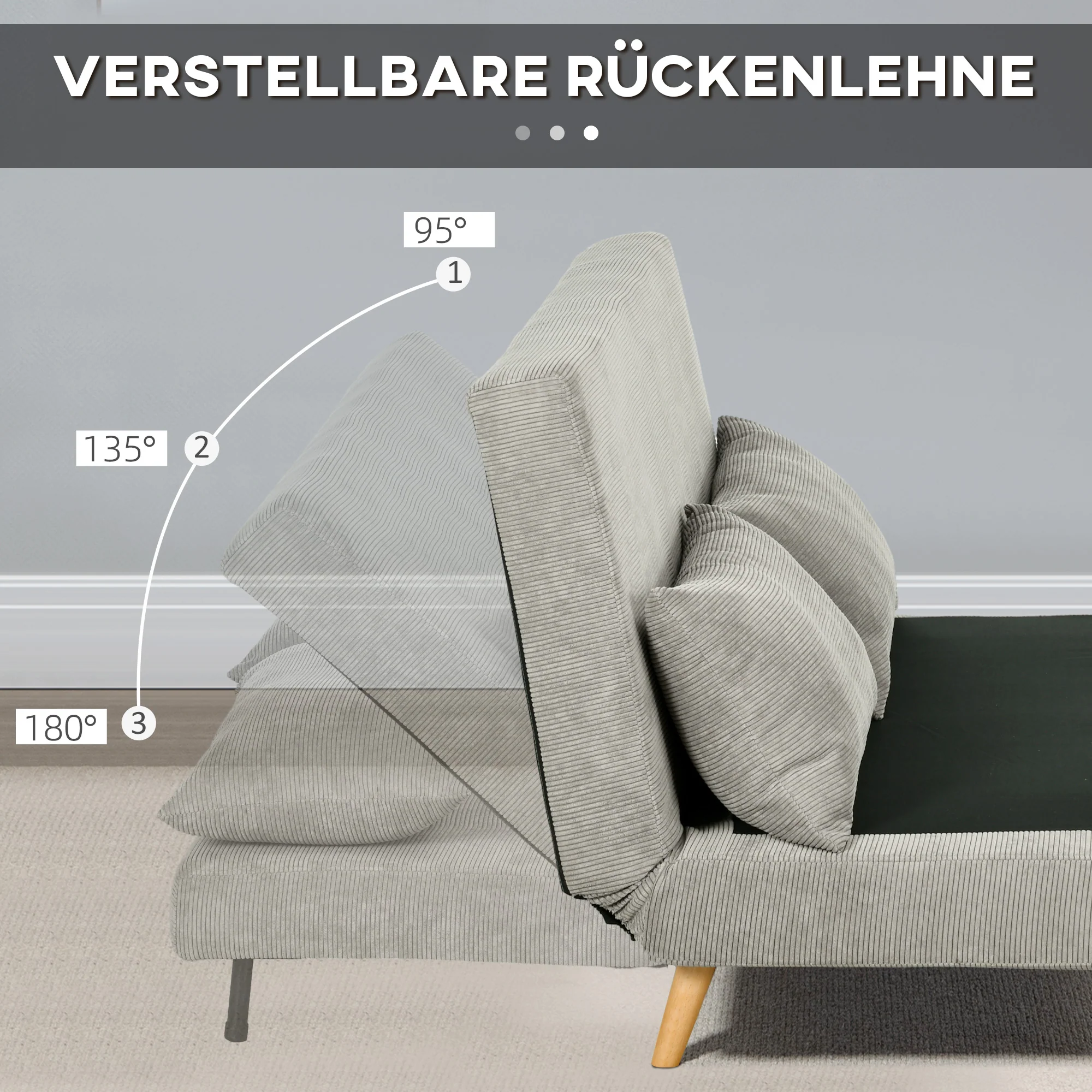 HOMCOM Slaapbank, Logeerbed, 3-standen Verstelbare Rugleuning, Linnenlook, tot 120 kg, 141 x 90 x 81 cm, Grijs