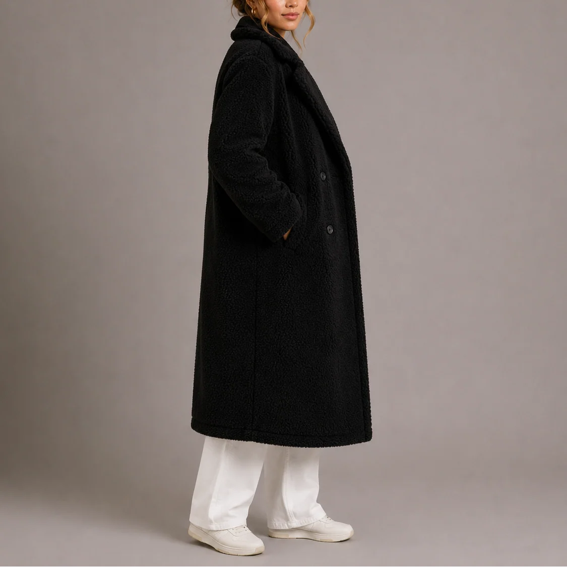 Women��s Long Teddy Coat Double-Breasted Faux Fur Style