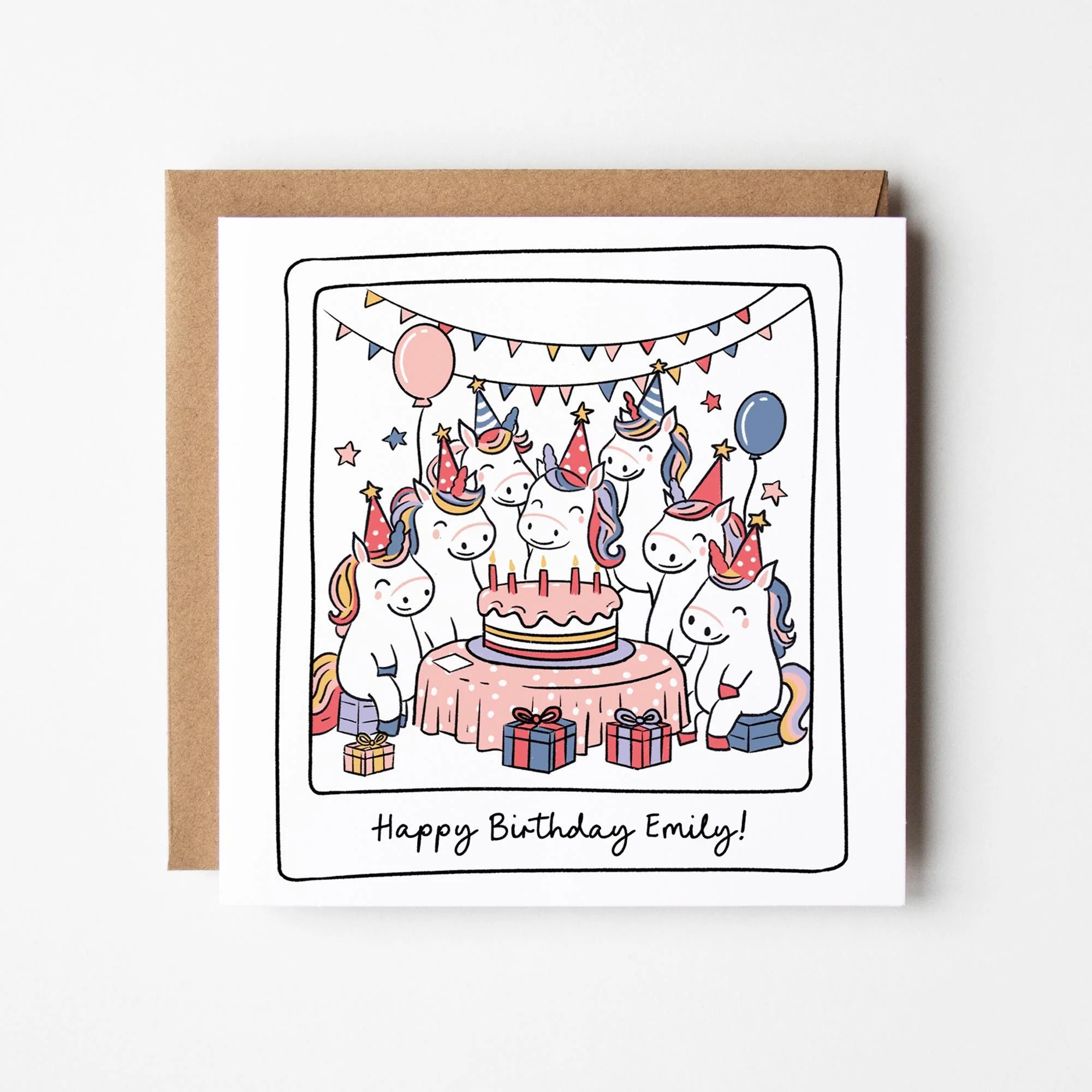Unicorn Birthday Card: Polaroid Tea Party Design, Personalised