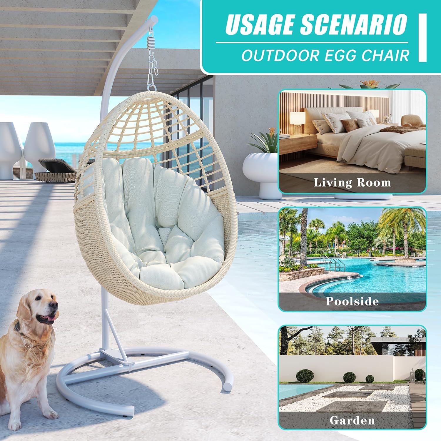 Korb Hängesessel mit Gestell: Wetterfestes Handgeflochtene PE-Rattan Schwebesessel mit Standfuß, Outdoor Indoor Schaukelstühle mit Polsterung für 150KG Terrasse Balkon Garten Schlafzimmer, Beige