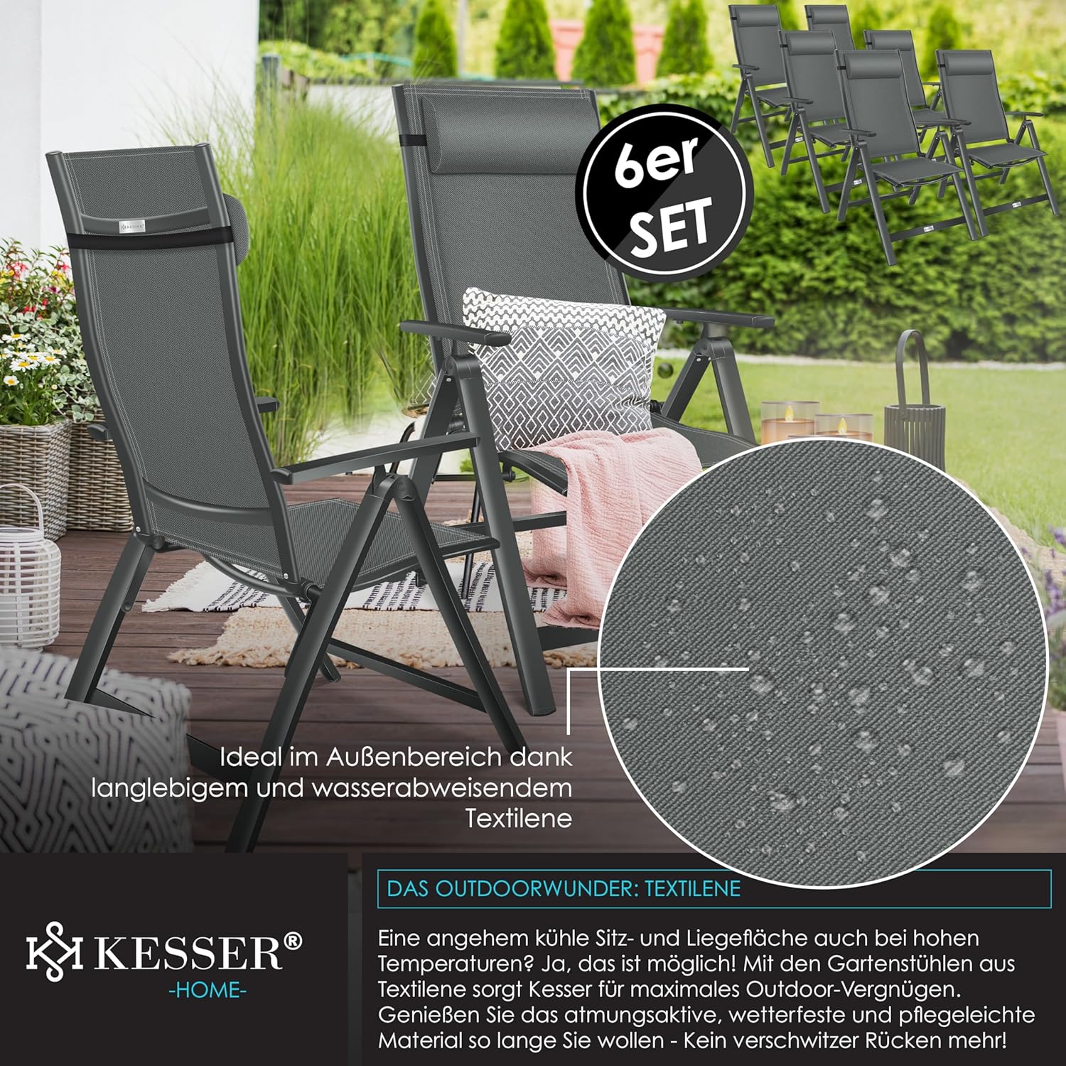 KESSER® Gartenstuhl Hochlehner mit Armlehnen 6er Set Aluminium Klappstuhl mit Kopfkissen & Abdeckung Campingstuhl 7-Fach Verstellbar Rückenlehne Atmungsaktiv Wetterfest Klappbar Anti-Rutsch, Anthrazit