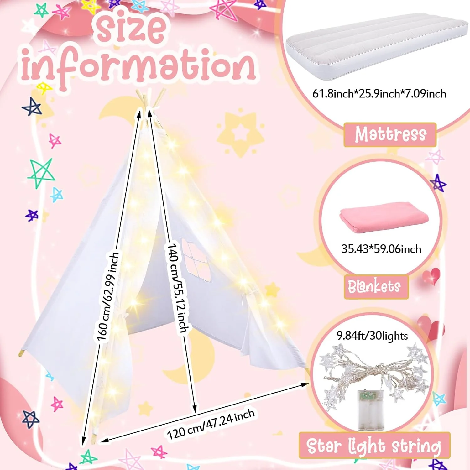 Windyun 8-Pack Kids Teepee Tent Set, Sleepover Party, White