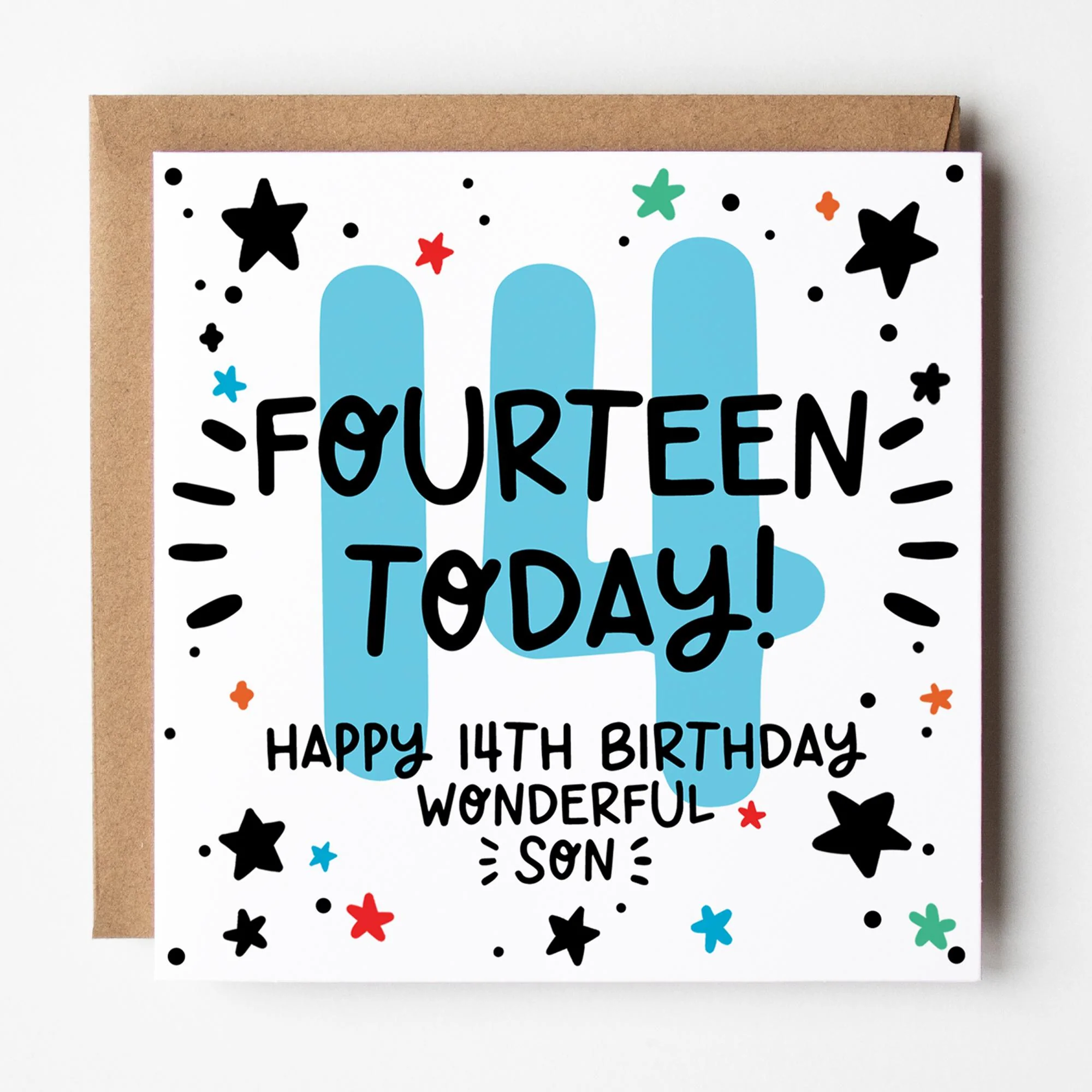 Son 14th Birthday Card: Fourteen Today with Stars and Kraft Envelope
