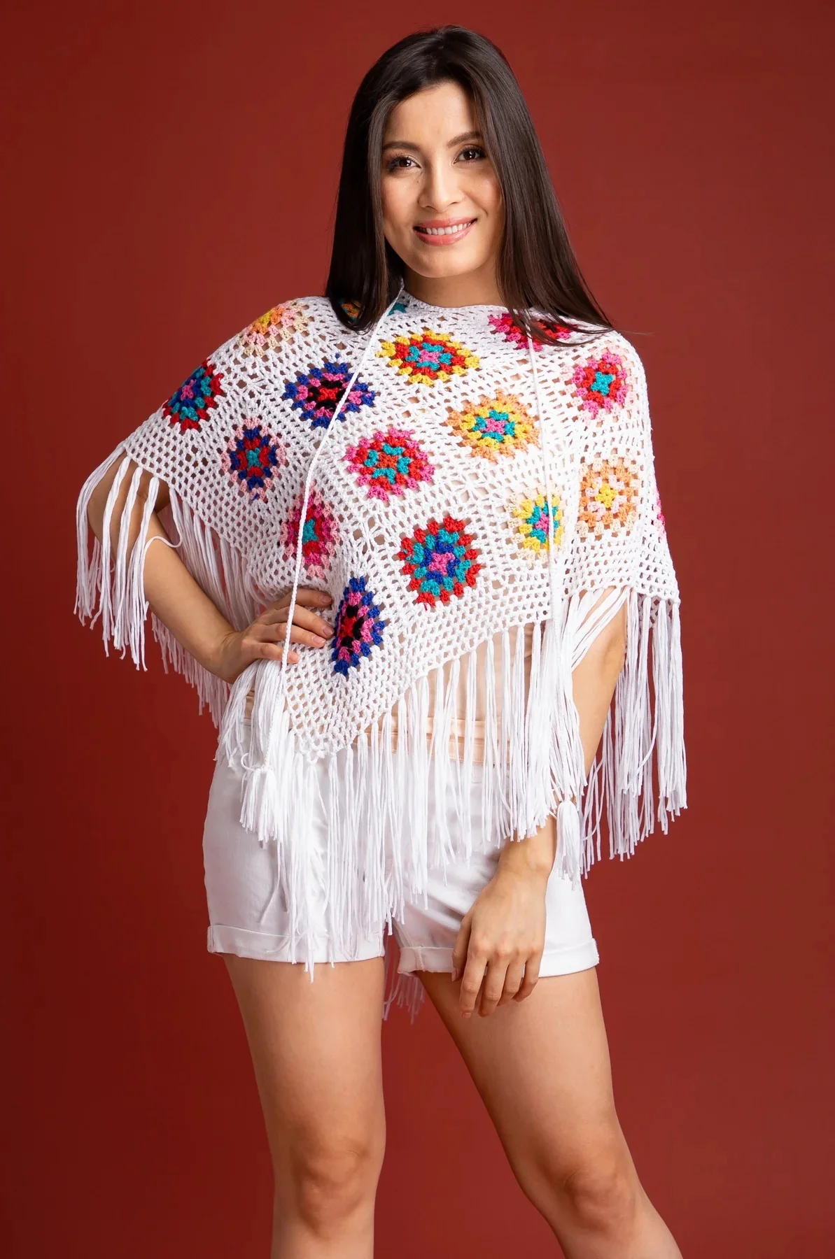 White Square Crochet Poncho