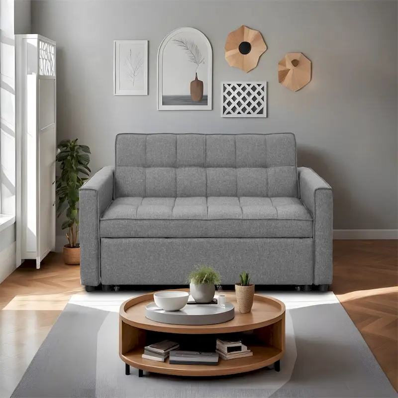 Stylish Pull-Out Sofa Bed w/Woven Polyester Fabric & Solid Wood Frame